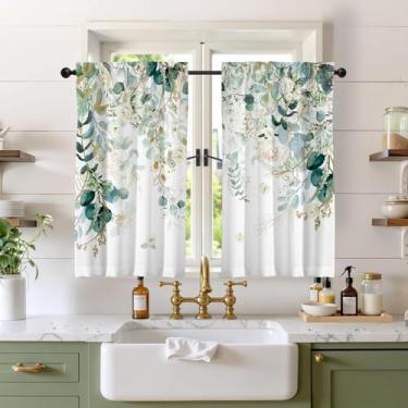 Imagem de GOLDLAWN Cortinas de cozinha com folhas de eucalipto verdes elegantes de flores silvestres 99 cm verde sálvia café pequenas cortinas florais brancas para banheiro, trailer, campista, filtro de luz