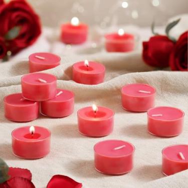 Imagem de Velas perfumadas com luzes de chá, Wisper of Rose, pacote com 48 – velas vermelhas perfumadas – 100% cera de palma – 6 horas de queima de velas votivas de aromaterapia para jantar, quarto, spa