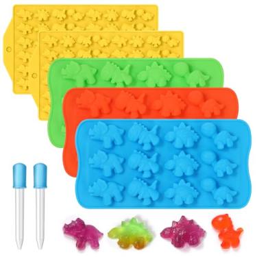 Imagem de 2 moldes de goma de dinossauro em tamanho normal e pequeno – Moldes de silicone de dinossauro sem BPA Conjunto de 5 antiaderentes sem BPA, incluindo Triceratops T-Rex Stegosaurus Brontosaurus