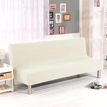 Imagem de Homonic Capa de sofá de cor sólida sem braços de poliéster elastano elástico Futon capa de sofá dobrável de 3 lugares para sofá-cama dobrável sem braços 203 cm x 127 cm (bege)