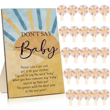 Imagem de Unittype 51 peças de lembrancinhas de jogo Don't Say Baby Show, incluindo placa de chá de bebê Here Comes The Son e 50 mini prendedores de roupa coloridos para meninos e meninas, artigos de decoração