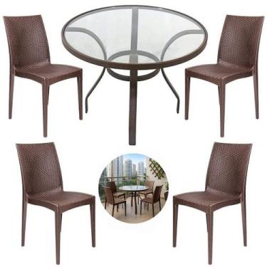 Imagem de Mesa Alumínio 90cm Tampo de Vidro 4 Cadeiras Rattan Polipropileno - No