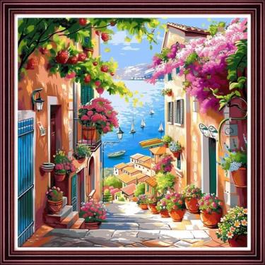 Imagem de DMCVIVR Kits de ponto cruz estampado para iniciantes e adultos, kits de bordado para iniciantes, kit cruzado para iniciantes, 11 quilate - Flores à beira-mar enlouquecem, 45,7 x 45,7 cm