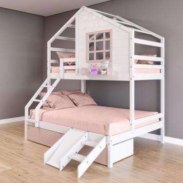 Imagem de Beliche Casinha com Janela Casal/Solteiro 02 Gavetas Rosa e Kit Escada/Escorregador Madeira Maciça Branco/ Rosa Housin