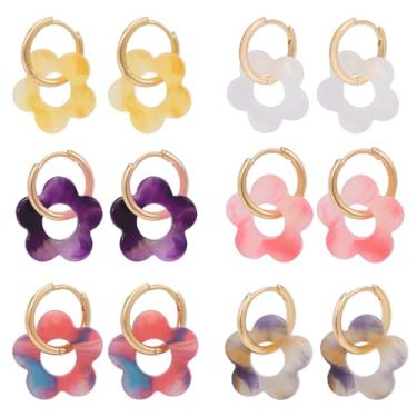 Imagem de BOCAR 4 pares de brincos de flor de corrente de argola de acrílico com flor oca para mulheres, feitos à mão, bijuterias, presentes (BER-1230), standard, Acrílico, Sem pedra preciosa