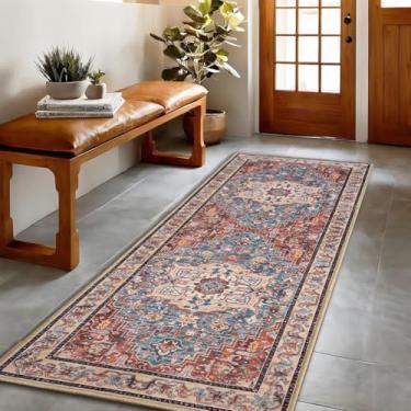 Imagem de Tapete de corredor vintage 2 × 6, lavável na máquina, tapete antiderrapante, carpete de pilha baixa, tapetes florais desgastados estampados macios para sala de estar, entrada, cozinha, vermelho tijolo