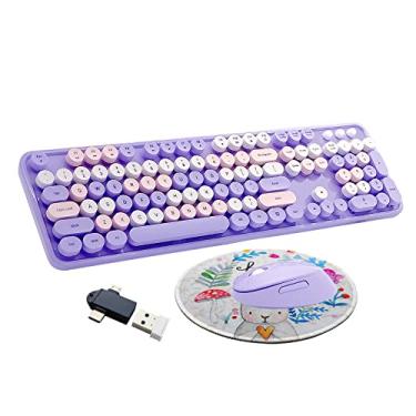 Imagem de Seaciyan Combo de teclado e mouse sem fio, ergonômico, fofo, retrô, máquina de escrever, colorido, USB, sem fio, conjunto de mouse para jogos e escritório (roxo)