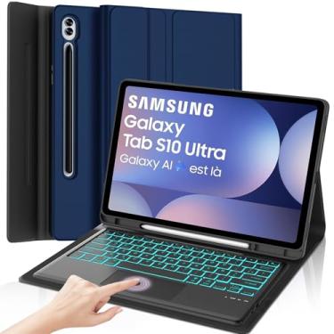 Imagem de OYOSUOGG Capa com teclado Touchpad Galaxy Tab S10/S9/S8 Ultra, capa com teclado retroiluminado de 7 cores, capa protetora inteligente, suporte para caneta S, hibernar/despertar automaticamente, azul