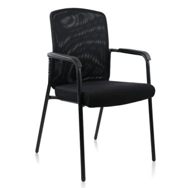 Imagem de CLATINA Cadeiras de braço de escritório empilháveis com encosto de malha com assento de tecido estofado e suporte ergonômico de madeira, cadeira empilhável de convidado com encosto alto para sala de