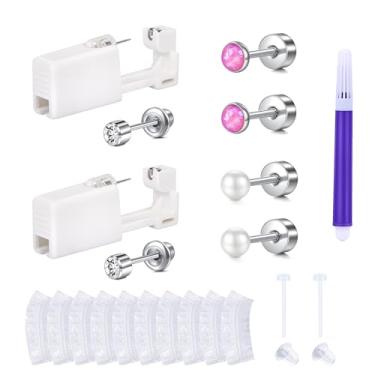 Imagem de AVYRING Pistola de piercing de orelha, kit de piercing de orelha de 2 mm, kit de piercing de orelha descartável, brincos hipoalergênicos rosa, kit de pistola de piercing de orelha auto em casa, 20 g