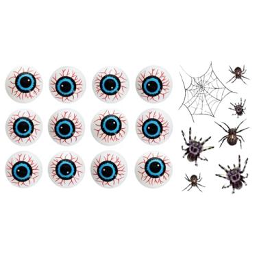 Imagem de Yeahgoshopping Bolas falsas de zumbi de pingue-pongue de plástico para Halloween, brinquedo de gato, decoração ou tênis de mesa - 12 peças com a mesma cor + 1 tatuagem de aranha aleatória (olhos azuis