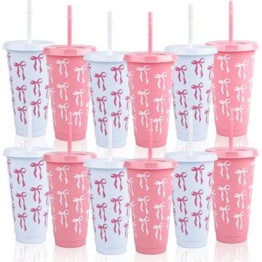 Imagem de 12 peças de copos de plástico rosa e branco de 680 g com canudo e tampa, copos frios reutilizáveis para decoração de festa de aniversário e chá de bebê