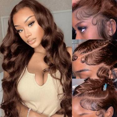 Imagem de Peruca de cabelo humano marrom chocolate com cordão densidade 250 9 x 6 sem cola pré-cortada cabelo ondulado brasileiro pré-cortado, como renda de pele, linha do cabelo natural e cabelo de bebê para