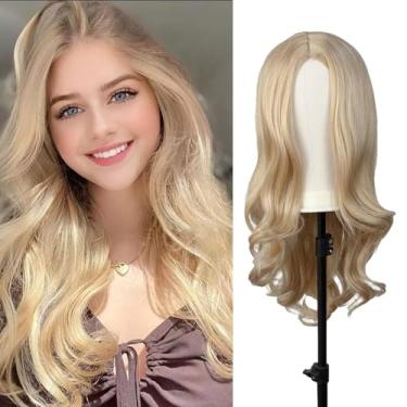 Imagem de Luxclipse Perucas loiras onduladas para mulheres, cabelo humano longo resistente ao calor, parte do meio, perucas de fibra de aparência natural para cosplay, dia das bruxas, uso diário (loira, 66 cm)