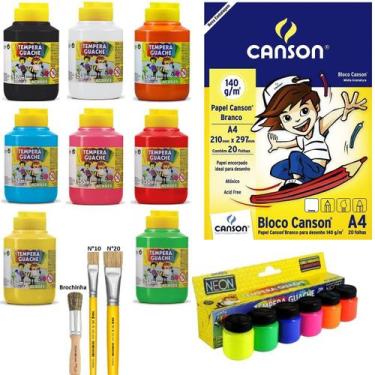 Imagem de Kit Artes Desenho 1 Canson 3 Pincéis 8 Guaches 250ml 6 Neon - Acrilex