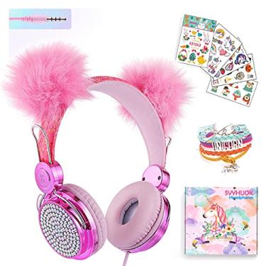Imagem de SVYHUOK Girls Pink Pompon Wired Headphones,Cute Cat Ear Kids Game Headset for Teens Tablet Laptop PC,Over Ear Children Headset withMic,for School Birthday Xmas Gifts