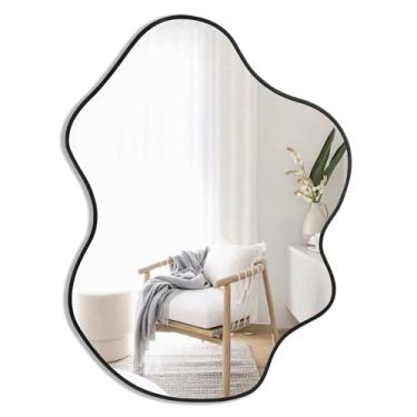 Imagem de Espelho de banheiro preto irregular, espelho de parede assimétrico de 55 x 76 cm, espelho moderno para parede, espelho de madeira para quarto, sala de estar, entrada