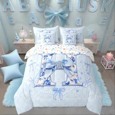 Imagem de Erosebridal 7 peças de cama casal com letra H 3D com design de laço, estampa de laço azul coquete, conjunto de edredom com lençol para mãe/irmã, laço estético, linda cama em uma bolsa, colcha floral