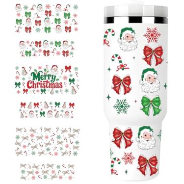 Imagem de Rngmsi Adesivos DTF UV de Natal - 6 peças de laço de coquete de Natal UV DTF envoltórios de copo para copo de 1,134 g, laço fofo, Papai Noel, à prova d'água, adesivos de transferência UVDTF para copos