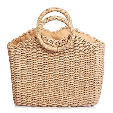 Imagem de QTKJ Bolsa feminina de palha de vime quadrada tecida à mão, bolsa feminina boho de palha de verão, bolsa transversal, bolsa de mão de praia com alça redonda (cáqui)