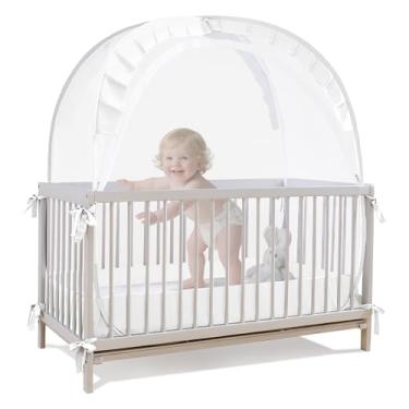 Imagem de Rede de berço para berço para manter o bebê dentro, dossel de berço pop-up evita que o bebê suba, zíper duplo autotravado e portátil, fácil de instalar 139,7 cm C x 68,5 cm L x 129,5 cm A, branco