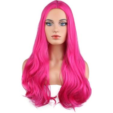 Imagem de BERON Peruca feminina rosa choque longa ondulada rosa escuro cosplay fantasia peruca central parted peruca sintética touca incluída