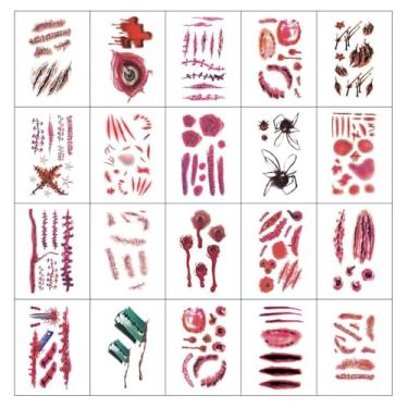 Imagem de YouNuo 20 folhas de tatuagens temporárias de Halloween, adesivos de tatuagem de zumbi para cicatriz de horror, ferimento falso sangrento realista para festa à fantasia do Chucky, mulheres e homens, à