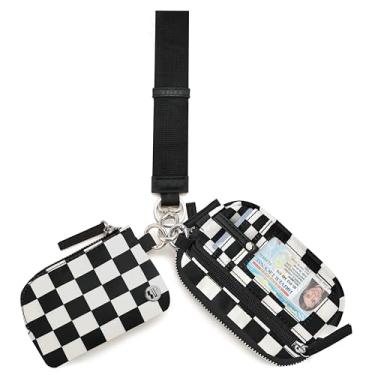 Imagem de Sunpour Carteira feminina de náilon, porta-chaves de bolsa dupla com janela para identidade, bolsa de moedas e alça de pulso para viagens, Xadrez preto + branco, Small