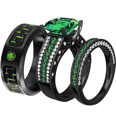 Imagem de ringheart 2 anéis, para ele e ela, conjunto de alianças de casamento femininas preenchidas com ouro preto, corte princesa, verde, zircônia cúbica, aço de titânio, women size7 & men size9, Metal,