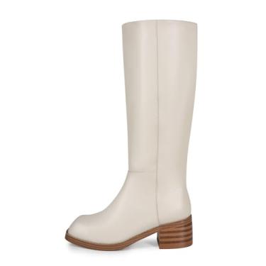 Imagem de CAGLGLZ Bota feminina de cano alto, bico quadrado, salto grosso, cano largo, cano alto, casual, confortável, salto baixo, sem cadarço, botas longas, Off-white, 39