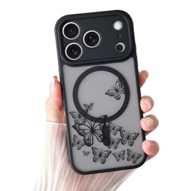 Imagem de Yeddabox Capa compatível com 17 Pro com MagSafe, capa preta borboleta 17 Pro para mulheres e meninas, capa fina à prova de choque macia TPU bumper rígida PC capa de telefone traseira - borboleta preta