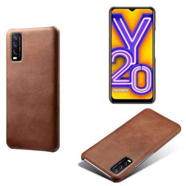 Imagem de Capa para vivo Y20 2021,Proteção contra quedas,Casca de volta de cor sólida simples,Design de couro de imitação de plástico-Brown
