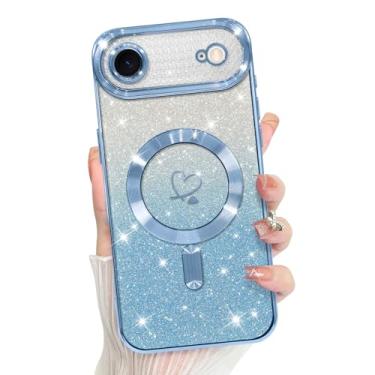 Imagem de Bonoma Compatível com Plus Case 2025 suporte para MagSafe, capa magnética com glitter coração chapeado TPU capa traseira de proteção de câmera para capa de telefone - azul
