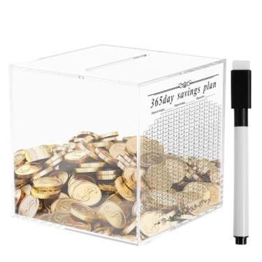 Imagem de Cofrinho de acrílico transparente para adultos, economia de 365 dias, cofrinho, cofrinho não aberto, ferramenta divertida e motivadora para objetivos financeiros, 15 x 14 cm