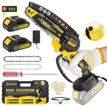 Imagem de TOOLIFE Mini motosserra sem fio de 15 cm, motosserra manual com 2 baterias e sistema de lubrificação automática, motosserra elétrica para corte de árvore/madeira, melhores presentes de Natal para