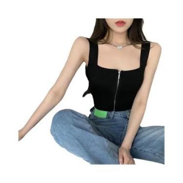 Imagem de Camiseta Sem Mangas Sexy Feminina Com Zíper, Top Cropped Tricotado Sól