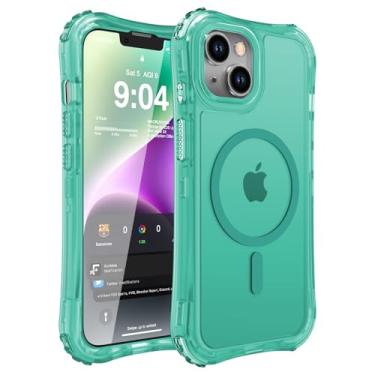 Imagem de WRJ Capa magnética para iPhone 14 e iPhone 13 fosca, durável de camada dupla [compatível com MagSafe] [proteção de grau militar] Capa translúcida anti-impressão digital à prova de choque - verde menta