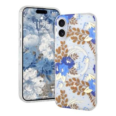 Imagem de AIGOMARA Capa magnética para iPhone 16 [compatível com MagSafe] Design floral com estampa floral transparente, fina, antiamarelamento, à prova de choque, para mulheres e meninas, azul