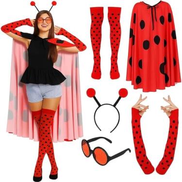 Imagem de Berlune 5 Pcs Halloween Ladybug Costume Set for Women Girls Ladybug Outfits Included Lady bug Cloak Headband Gloves Sunglasses and Sock Halloween Birthday Party Cosplay Clothes