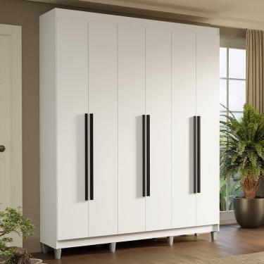 Imagem de Guarda-roupa Casal Com Pés 6 Portas Batentes Branco-branco-preto Saturno Madesa