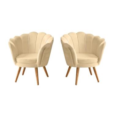 Imagem de Kit 2 Poltrona Decorativa Design Pétala Luxo Veludo Bege Pés Palito em Madeira