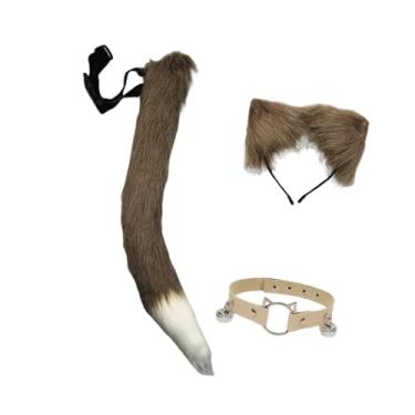Imagem de Vaveren Conjunto de 3 peças de orelhas e rabo de gato, acessórios para fotos para baile de máscaras, fantasia de Natal, Café Branco