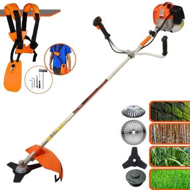 Imagem de Máquina de Cortar Grama Vulcan VR620H À Gasolina 2T 62cc 3HP 12.500rpm Roçadeira Com Carretel + Faca 3 Pontas + Faca 40 Dentes Vídea + Escova de Aço