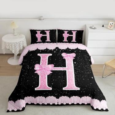 Imagem de Feelyou Conjunto de edredom com laço rosa para todas as estações, com 1 fronha, alfabeto de renda, microfibra, roupa de cama solteiro, princesa, com glitter, edredom macio e leve