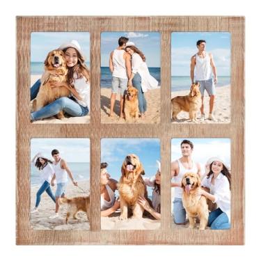 Imagem de YESKAY Colagem de porta-retrato 10 x 15 cm, colagem múltipla de fotos de 10 x 15 com vidro temperado, 16 aberturas, 10 x 15 cm, molduras familiares rústicas para decoração de parede ou mesa, 1 pacote