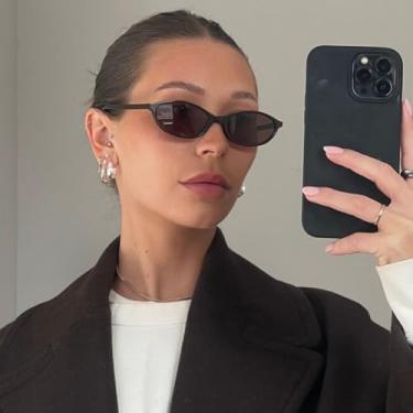 Imagem de Óculos de sol retrô oval olho de gato para mulheres Y2k moderno pequeno estreito Sunnies anos 90 designer óculos de sol, C4* (preto/laranja + marrom/marrom) - pacote com 2