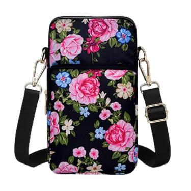 Imagem de Bolsa transversal para celular feminina, bolsa de ombro pequena com vários bolsos, mini carteira para celular, bolsa de compras, Floral-E