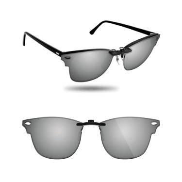 Imagem de Fiskr Óculos de sol polarizados Clip-On para Ray-Ban Clubmaster RB5154 (tamanho 51-21) - Proteção UV - Ajuste universal para homens e mulheres, Prata metálica., 51*21mm