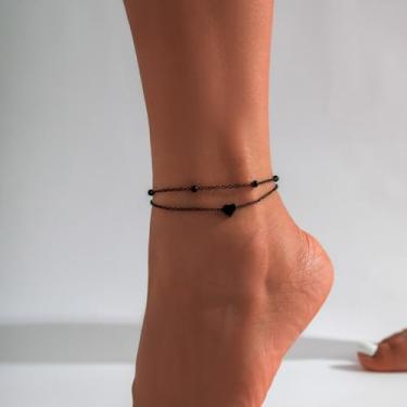 Imagem de Tornozeleiras de coração de camada dupla pretas em forma de amor para mulheres corrente de tornozeleira empilhável verão praia natação chuveiro tornozeleira impermeável para mãe, esposa, filha