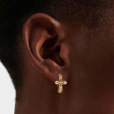 Imagem de Brincos de argola dourada para mulheres, delicados, cruz, zircão, hipoalergênicos, joias modernas